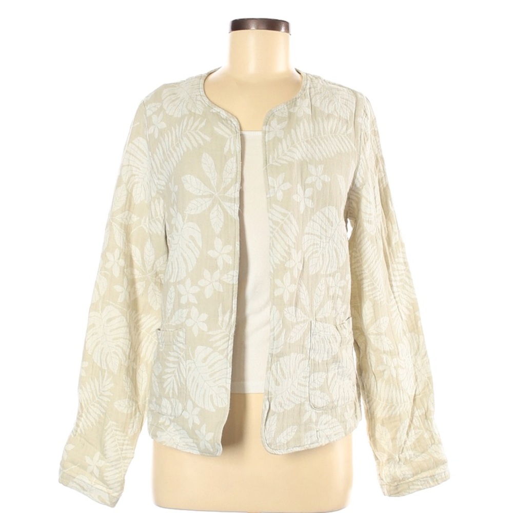 Tahari Classic Casual Basic Linen Blazer Palm Leaves Floral Ivory Size XL